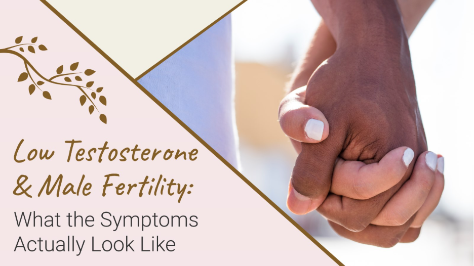 Graphic featuring clasped hands alongside the text “Low Testosterone & Male Fertility: What the Symptoms Actually Look Like.